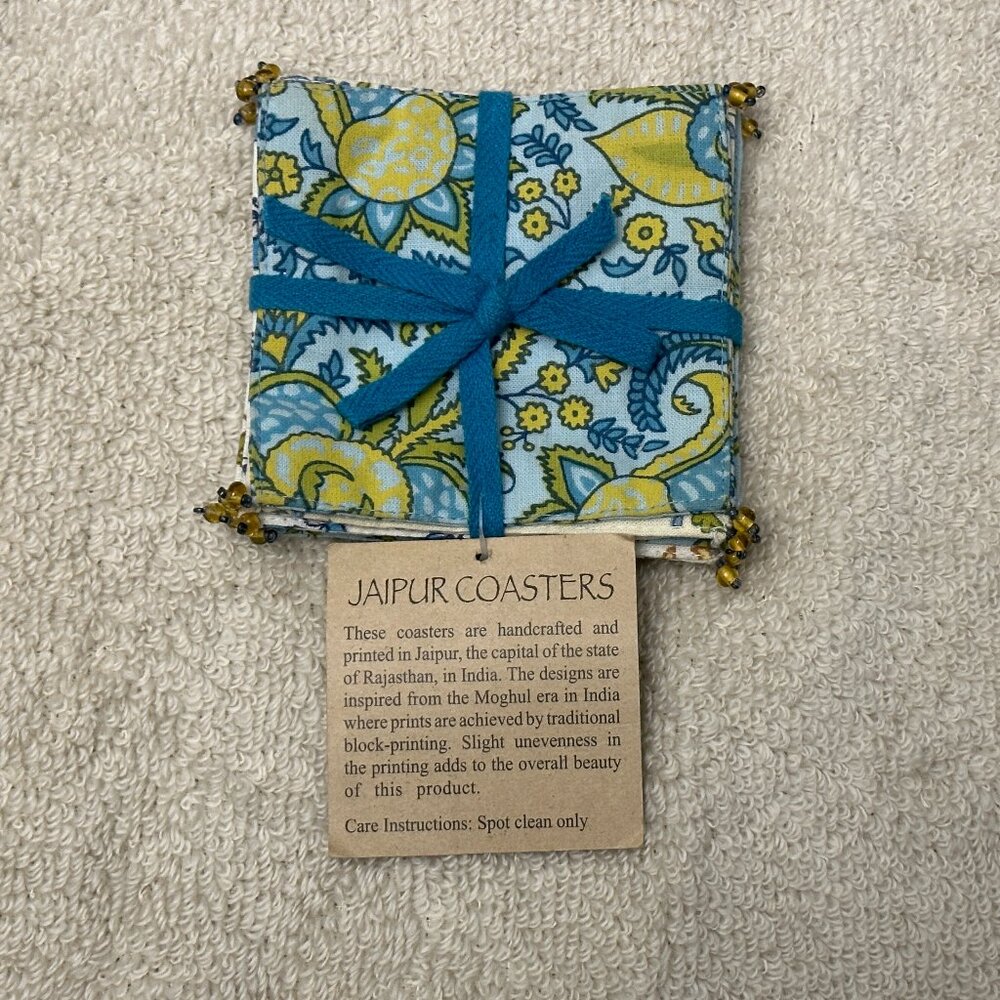NWT World Market Jaipur Coasters Blue & Green Print Cloth w Beads Set of 6